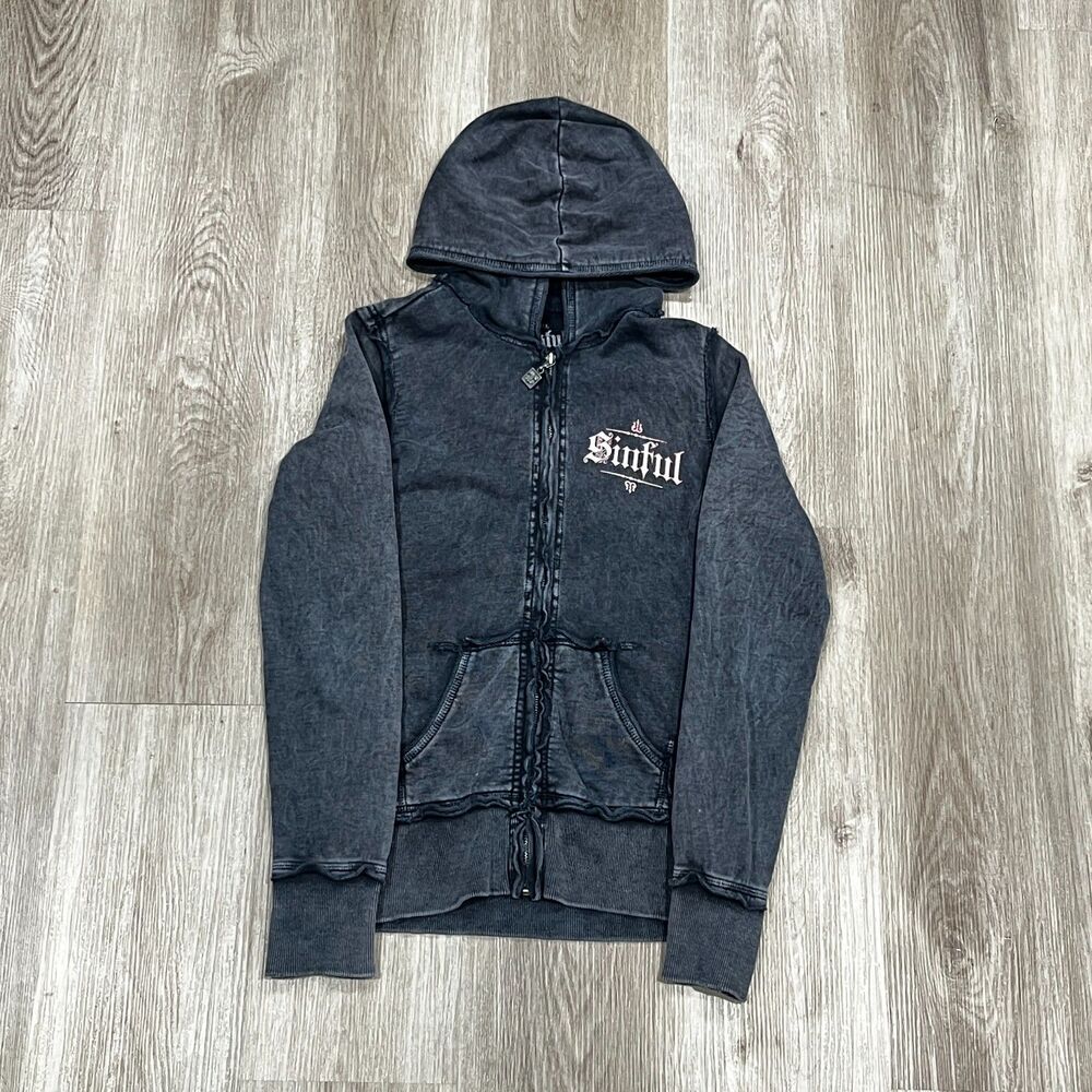 Sinful By Affliction Grunge Cyber Y2k Rhinestone Woman's Angel Wing Hoodie. Sz S